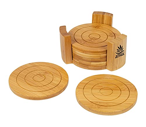 ARSUK Juego de 6 posavasos redondos de bambú de madera con soporte para el hogar y la cocina, bebidas frías y bebidas calientes