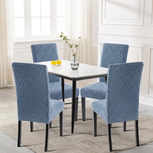 Image of SearchI Dining Room Chair Covers Set of 6, Stretch Jacquard Parsons Chair Slipcovers Spandex Removable Washable Kitchen Chair Protector Cover for Dining Room, Hotel, Ceremony (Gray-Blue Geometric)