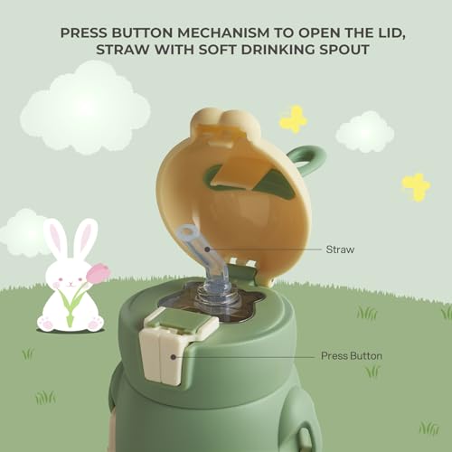 Image of Cello Bunny Kids Stainless Steel Flask 500ml, Green | Double Walled Vacuum Insulated Technology | One Click Push Button to Open | Ideal for School, Sports, Picnics
