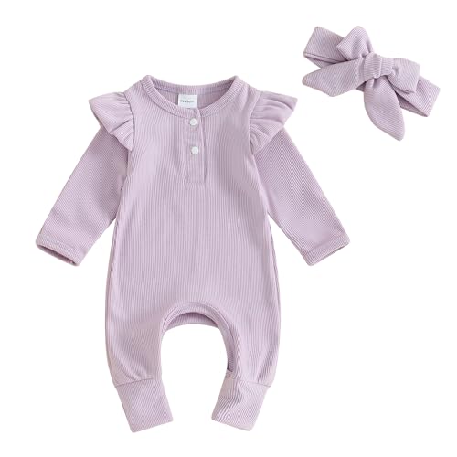 Image of Newborn Baby Girls Clothes Infant Ruffle Knit Romper Long Sleeve Ribbed Bodysuit Onesie Jumpsuit Headband Coming Home Outfit (Purple, 0-3 Months)