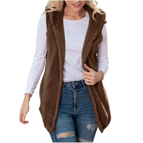 HGps8w Fuzzy Fleece Hoodie Vest for Women Sleeveless Open Front Cardigans Jacket Mid-Long Cozy Warm Outerwear with Pockets
