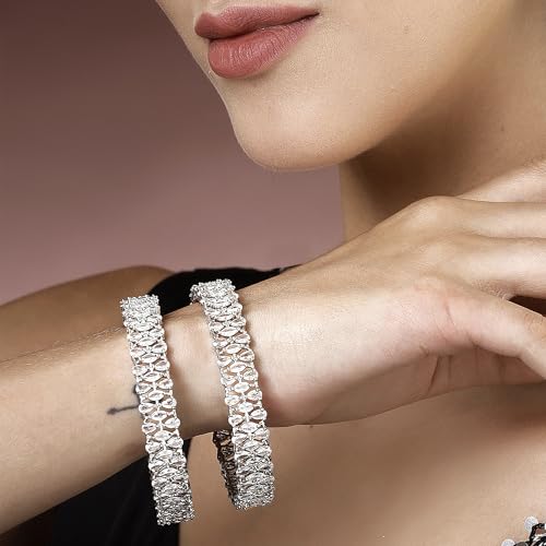 Image of ZENEME Rhodium-Plated Silver Toned White American Diamond Studded Bangle Set for Women and Girls