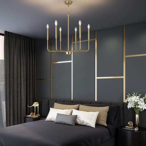 Modern Farmhouse Chandeliers For Dining Room Gold Candle Chandelier 6-Light, Brushed Brass Mid-Century Branches Ceiling Chandeliers Fixture For Dedicated Room,Kitchen, Living Room, Foyer, Entrance #TOP4