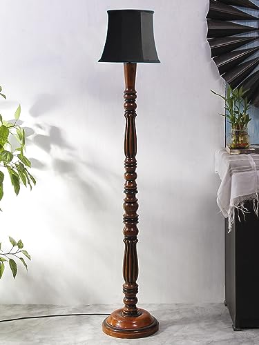 Image of Cylindrical Drum Floor Lamp with Wooden Base - Height 57 Inches, Black | Modern Standing Lamp for Home, Living Room, Bedroom & Office | Elegant Lighting Decor | Cotton