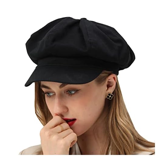 Berretto Estivo da Donna da Newsboy, 100% Cotone, 8 Pannelli, Stile Vintage, con Visiera Ottagonale, Regalo per Donne e Ragazze, Nero, 7 1/8 / 7 3/8