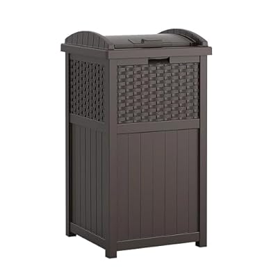 Suncast 33 Gallon Commercial Outdoor Trashcan Hideaway with Lid for 30 to 33 Gallon Trash Bags for Garage, Backyard, or Garden, Brown