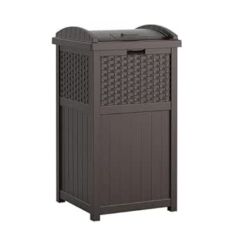 Suncast 33 Gallon Outdoor Trashcan Hideaway with Lid for 30 to 33 Gallon Trash Bags for Garage, Backyard, or Garden, Brown