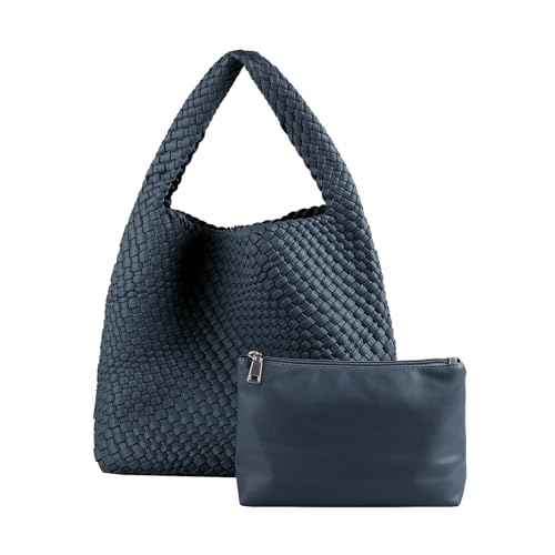 Bolso tejido para mujer, de cuero vegano, a la moda, con asa superior, hecho a mano, Azul marino Bolso tejido para mujer, de cuero vegano, a la moda, con asa superior, hecho a mano, Azul marino