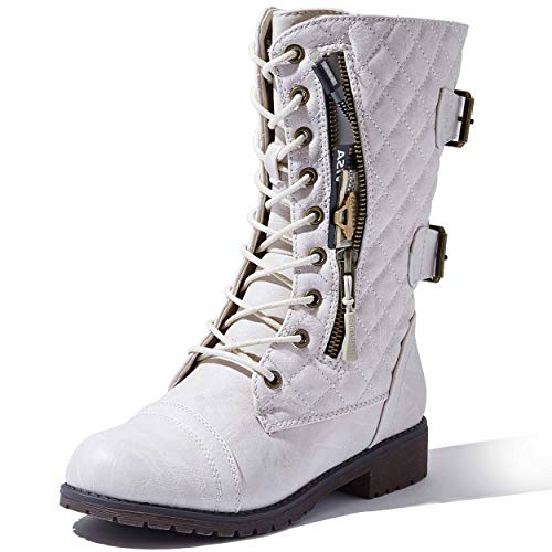 DailyShoes Women's Quilted Combat Boots Ankle Mid Calf Low Heel Lace Up Zip Pocket Buckles Bootie Shorts Comfort Non-Slip Fashion Square Toes Knee High Exclusive Credit Card White,pu,8.5