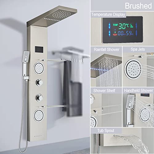 Columna de Ducha LED con Panel de Chorro de Cascada, Sistema de Masaje Corporal y Estantería Integrada, Montaje en Pared, Acero Inoxidable con Acabado Mate miniatura 2