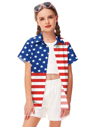 Image of Remimi Unisex Kids 4th of July Button Up Shirt Boys American Flag Print Hawaiian Beach Short Sleeve Tops 5-14 Years