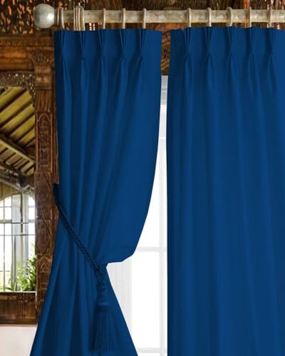 Image of Triple Pinch Pleated Blackout Curtains Thermal Insulated Room Darkening Curtains for Bedroom /Livingroom Pack of 2 Panels, Tiebacks, Hooks (Royal Blue)