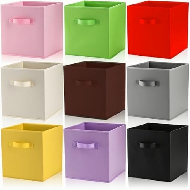 9 Pack Cube Storage Bins, 11 Inch Collapsible Fabric Storage Baskets, Multi Colored Storage Cubes with Handles, Foldable Cube Drawer for Home, Closet, Shelves, Toys Organization