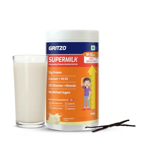 Image of Gritzo SuperMilk Growth+ (10-12y Girl), Creamy Vanilla, 400g | 12g Protein with 20 Vitamins & Minerals | Zero Refined Sugar