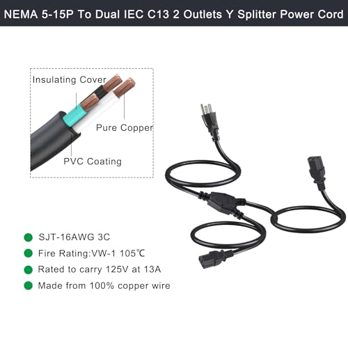 Image of Computer Y Splitter Power Cord, 6FT NEMA 5-15P to 2X IEC60320 C13 Female 2 Ways Outlet AC Power Cord, SJT 16AWG Universal Laptop 3 Prong Power Cable, C13 Y Spliiter for Monitor /TV /Printer(6FT)