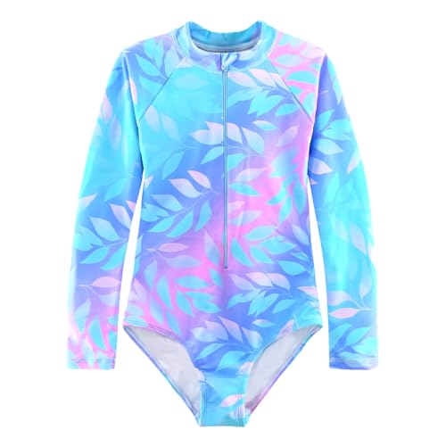 Image of Girls Long Sleeve One Piece Swimsuit Rash Guard Swimwear Zipper Quick Dry Bathing Suits Sun Protection UPF 50+ (Ages 4-12)