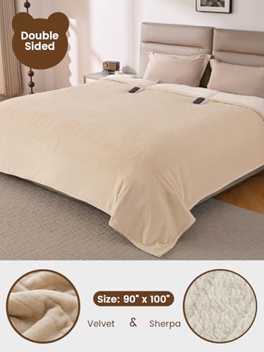 Image of Bearhug Electric Blanket King Size with Dual Controls, 10 Heat Levels & 1-12H Auto Shut-Off, Fast Heating Soft Velvet to Sherpa Heated Blanket for Couples, Machine Washable, Beige