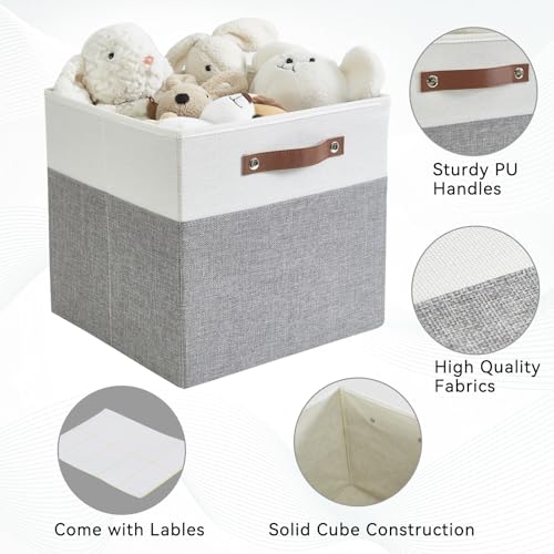 Collapsible Fabric Storage Cube Bins with 2 Reinforced PU Handles, Foldable Storage Organizer Baskets for Closet, Shelves, Living Room | 13"x13"x13", 4 Pack, Gray & White - Image 4