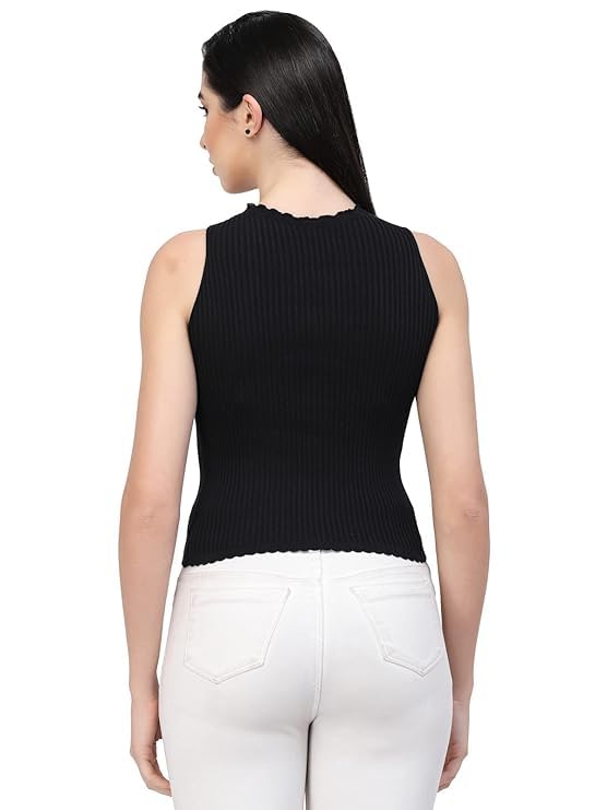 Image of Kalt Womens Knitted, Ribbed Cotton Fitted Sleeveless Round Neck Cami Tank Top