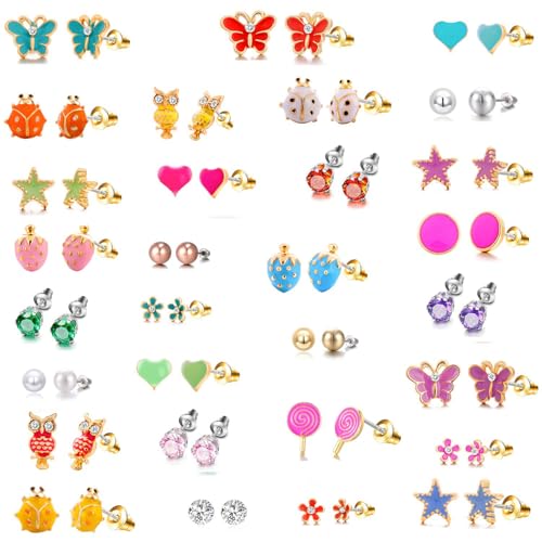 Image of 33 Pairs Stainless Steel Cartoon Earrings for Girls - Hypoallergenic Colorful Stud Earing Set, Mix & Match Cute Earring for Teens, Kids, Doll Dressup Accessories