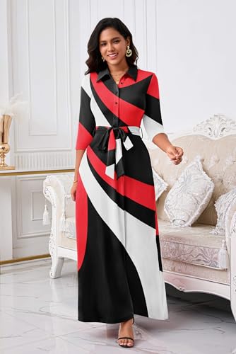 Image of Rumwind Maxi Dresses for Women, 3 /4 Sleeve Shirt Collar Casual Afircan Print Church Dress Button Down with Belt and Pockets