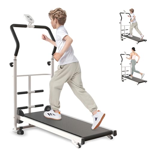 RIDEONMOP Cinta de correr plegable para niños y adultos, autopropulsada con pantalla para gimnasio en casa, cinta de correr con altura e inclinación ajustable, equipo de ejercicio pequeño para jugar