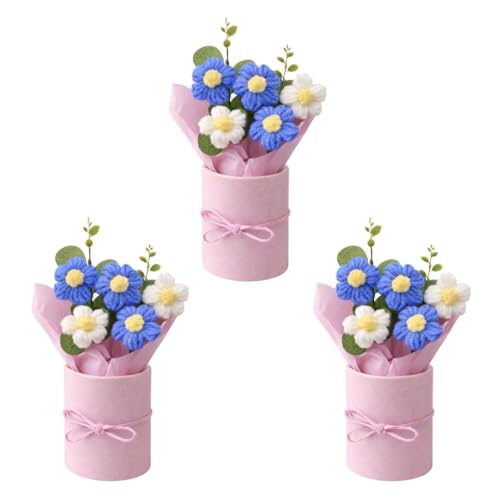 Image of VCR Handmade Blue Crochet Bouquet- Pack of 3 - Hand Woven Knitted Artificial Hand Knitted Bouquet Flower for Office Desk, Table, Car, Bedroom, Wedding & Special Occasions