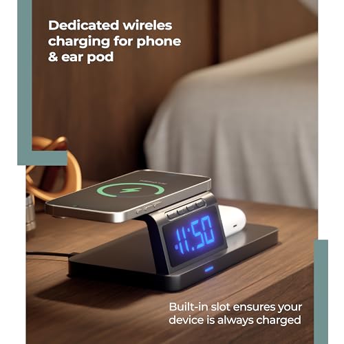 Image of Lifelong 10W Fast Wireless Charger with LED Digital Clock | 2-in-1 Charging Dock & Alarm Clock for All Qi-Compatible Smartphones | Case-Friendly Wireless Charging Pad with Sleek Compact Design