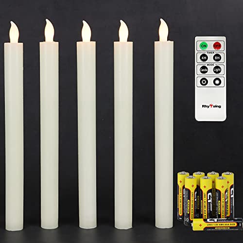 Rhytsing 10" Ivory Flameless Taper Candles with Timer, Battery Operated Dinner Candlesticks, Push-Activated, Textured Wax Finish, Warm White Light, Remote & 10 Batteries Included - Set of 5 - Thumbnail 2