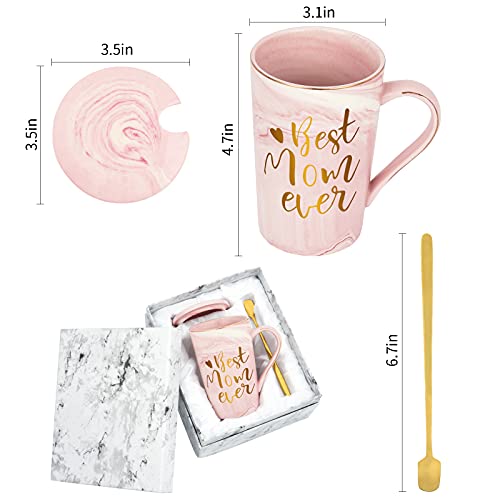 Livole Verjaardagscadeaus voor moeder, mama, mam grappige kerstcadeaus koffiemokken voor moeder, Moederdag geschenken, beste moeder ooit, 414 ml (14 oz) keramische marmeren koffiemok theekop met deksel, goud kleurige lepel en geschenkdoos, roze - Afbeelding 6