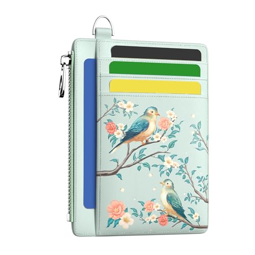 Image of Hancynir Bird Floral Flower Slim Wallet Women Credit Card Holder RFID Small | Zipper Pocket Wallet, Thin Travel Coin Purse, Ladies Women Gifts, Minimalist Card Case, 6 Card Slots, ID Window, PU Leather