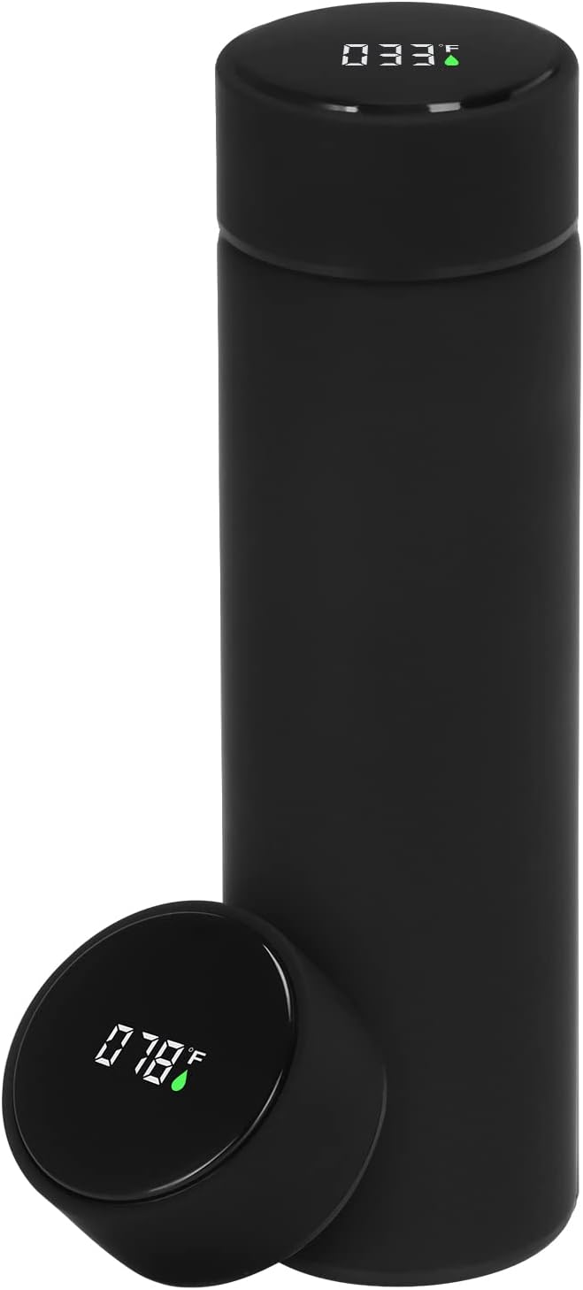 Thermos (16 oz) Traveler's Delight - The Ultimate Smart Insulated Leak Proof Bottle for Tea and Coffee Lovers with LED Fahrenheit Display Frosted Feel, 316 Stainless-Steel Travel Cup (Black)