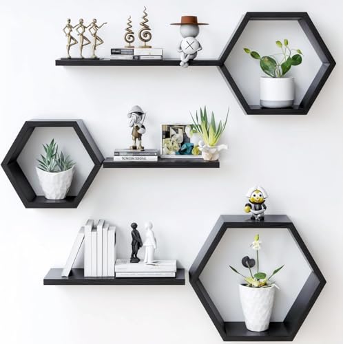 Image of Engineered Wood Woden Hexagonal Shape Wall Hanging Rack Floating Shelves for Display for Photos,Plants Living Room, Bedroom,Bathroom, Kitchen, Office (Black)