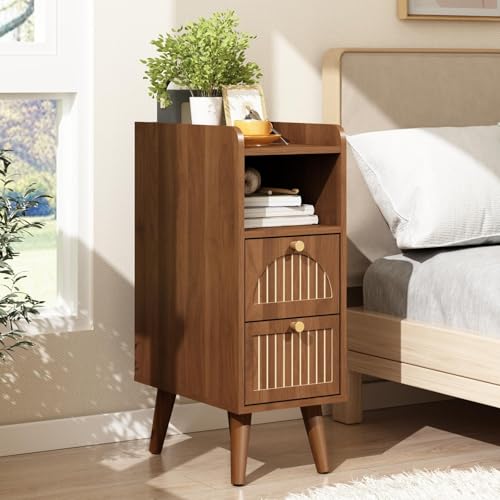 Image of Wnutrees 9.3 inch Narrow Nightstand with 2 Drawer, Fluted Wood End Table, Brown