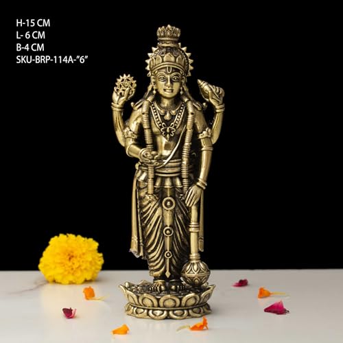 Image of INDICAST Brass Standing Vishnu Idol | 6 inch Vishnu Hindu God Statue Figurine Perfect for Decoration Puja & Gifting Purpose Sculpture (Weight- 280gm)