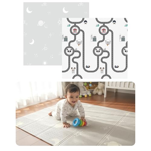 Image of Kids Station Double-Sided Waterproof Baby Playmat - Foldable, Portable & Reversible Foam Mat for Infants, Toddlers & Kids - Soft, Non-Slip, Easy-to-Clean Baby Crawling Mat for Indoor /Outdoor Use (200x150x1.0cm, Panda & Moon-Star Print)