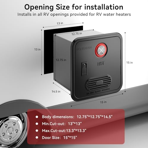 Image of 65,000 BTU RV Tankless Water Heater, High Altitude Available, DC 12V, with Front Water Outlet and 15x15 inch Black Door, On Demand Instant Hot Water Heater, Compatible with all RVs