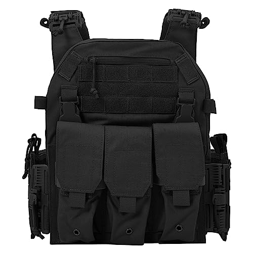 ULIONTAC Tactical Chest Training Clothing Suit with Quick Release Buckle Rig Mag Pouch ROC System Laser Cutting Adjustable (BK)