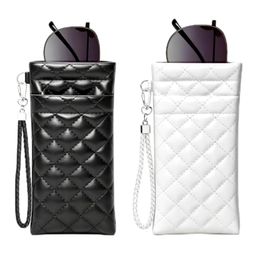 Image of Double Eyeglass Case Squeeze Top Glasses Pouch, Leather Soft Sunglasses Case with Carrying Strap