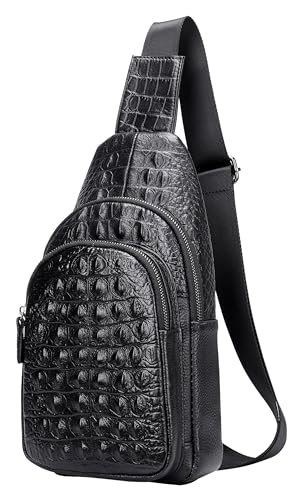Vintage Crocodile Pattern Leather Sling Bag for Men, Genuine Leat...