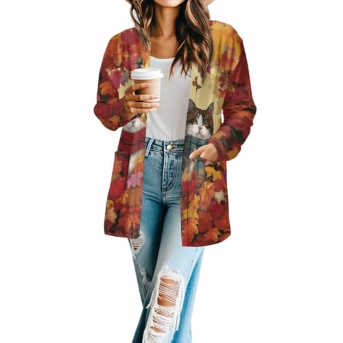 Image of Forchrinse Red Ladybug Cardigan for Women Causal Long Sleeve Open Front Cardigans Sweater Fashion 2024 Fall Coat with Pockets