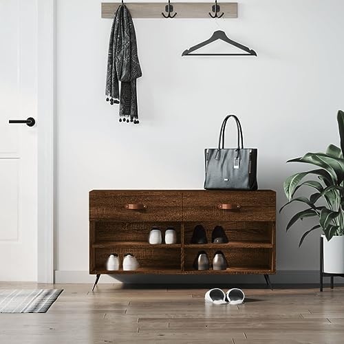 ZQQLVOO Banco Zapatero de Madera de Ingeniería Marrón Roble 102x35x55 cm con 2 Cajones y 4 Estantes, Almacenamiento Compacto para Zapatos, Superficie Resistente y Patas de Hierro
