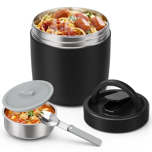 Thermo for Hot Food Adults, 40.5oz Wide Mouth Soup Thermo Lunch Containers with Spoon, Stainless Steel Vacuum Insulated Bento Lunch Box,Lunch Containers with Handle(Black)