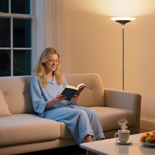 Image of SIBRILLE Torchiere Floor Lamp - 72 inch Tall LED Standing Lamp with Remote /Button Control, 1800Lm, 3000-6500K, 30W Dimmable Modern Corner Floor Light for Living Room Bedroom Office Apartment, Black