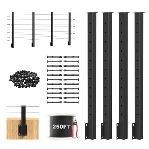 RailinGo 12FT-20FT Black Side Mount Cable Railing Kits 36 Swageless Fascia Mount Cable Railing Kit Include 4Pack Flat Top Level Drilled Cable Posts 250FT Wire Rope for Deck Railing System RG71
