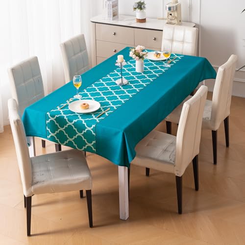 Image of HOKIPO Modern Grace Table Cloth for 6 Seater, 55x86 in, Aqua Trellis
