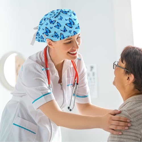 Image of Butterfly Scrub Cap Women with Ponytail & Buttons Adjustable Surgical Nurse Hat with Cotton Sweatband for Long Hair