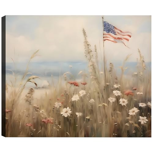 Image of Framed American Flag Wildflower Field Wall Art, Patriotic Rustic Canvas Art Pictures, USA Flag Coastal Meadow Wall Decor, Made in USA Ready to Hang for Living Room Bedroom