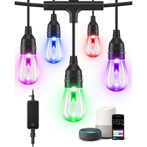 EDISHINE Smart String Lights, 48ft Outdoor Patio Lights with 18 Shatterproof Acrylic RGB LED Bulbs, APP & WiFi Control, Compatible with Alexa, Waterproof Dimmable Outdoor Lights for Hallowee