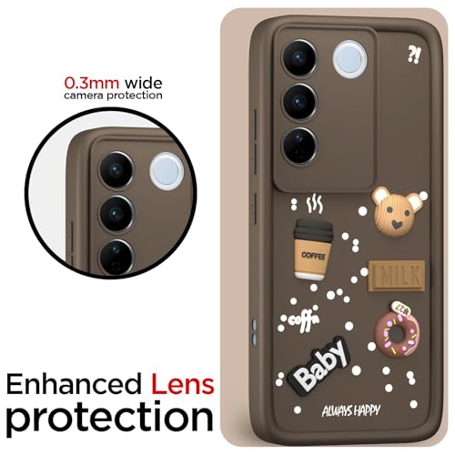 Image of Bintage Cute Fun Taddy Cartoon 3D Ball Bear Milk Donut Coffee Cup Silicon Case Full Body & Camera Protection Back Cover Compatible for Vivo V27 5G - Brown